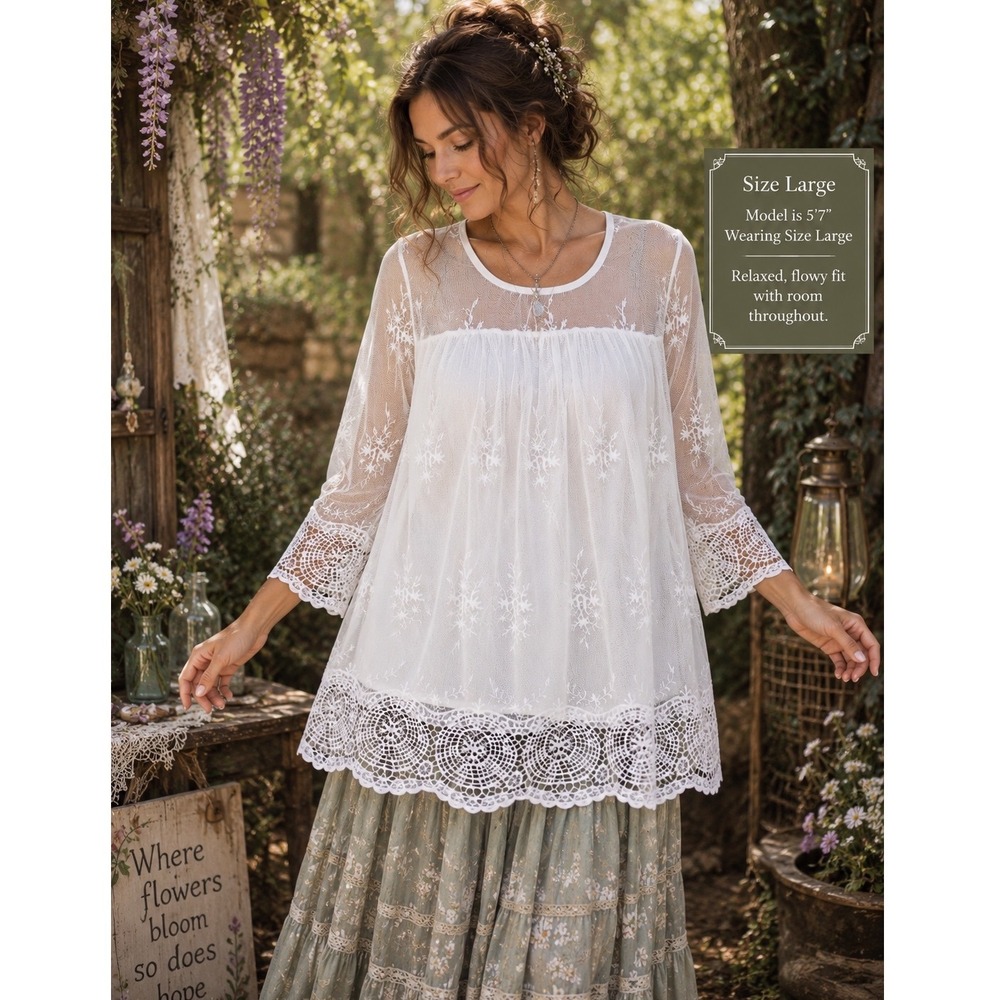 Antthony Original Mesh Embroidered Lace Tunic Blouse L White USA Fairy Romantic